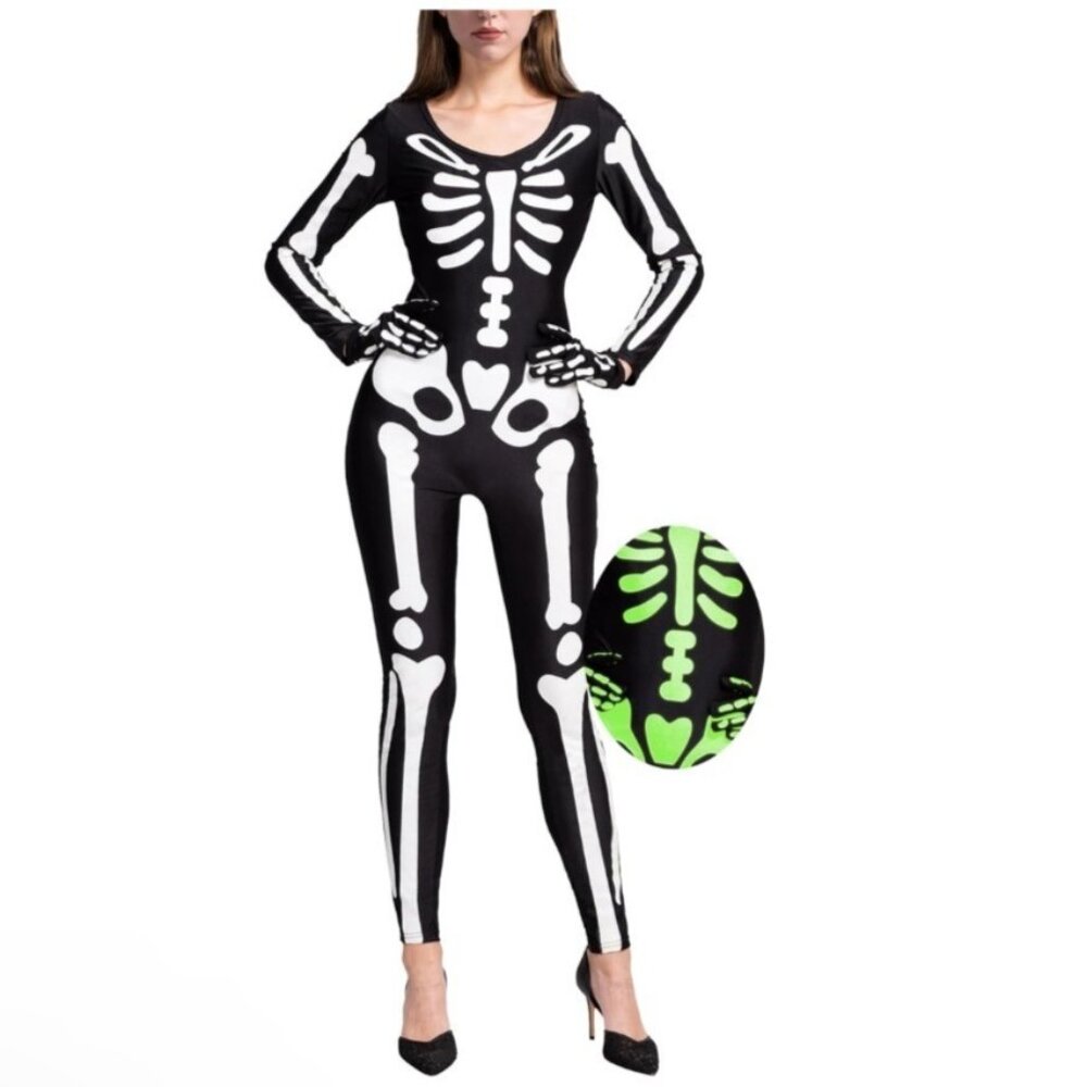 Spooktacular Skeleton Glow in the dark Bodysuit Halloween Costume Adult Size S